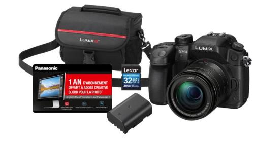 Pack Lumix GH4 + Objectif 12-60mm + 2ème Batterie + SD 32 Go + Sac + Adobe CC (avec 10€ offerts tous les 100€ d'achat)